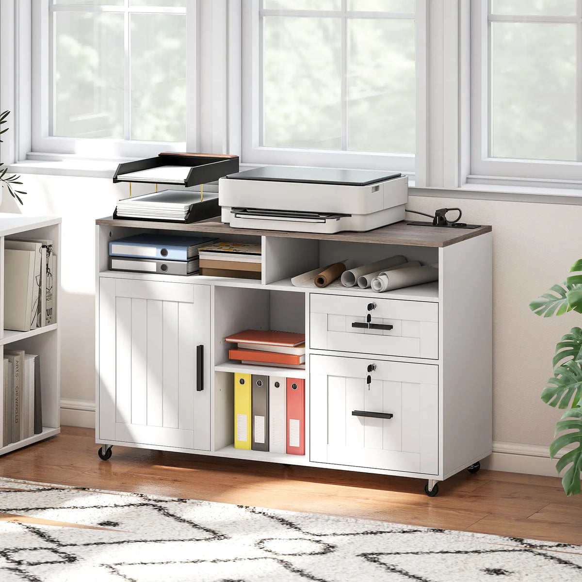 Mobile Printer Stand with Charging Station, Locking Filing Cabinet for A4 and Letter Size, White Office Cabinets & Cupboards at Gallery Canada