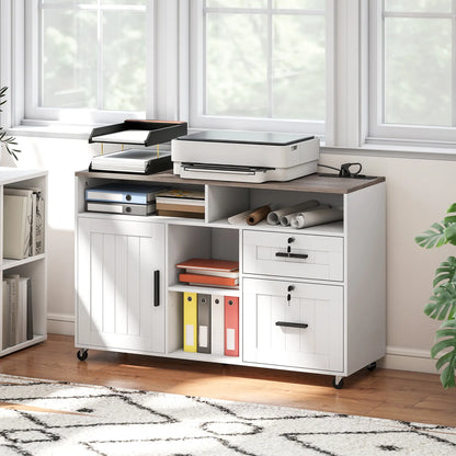 Mobile Printer Stand with Charging Station, Locking Filing Cabinet for A4 and Letter Size, White Office Cabinets & Cupboards at Gallery Canada