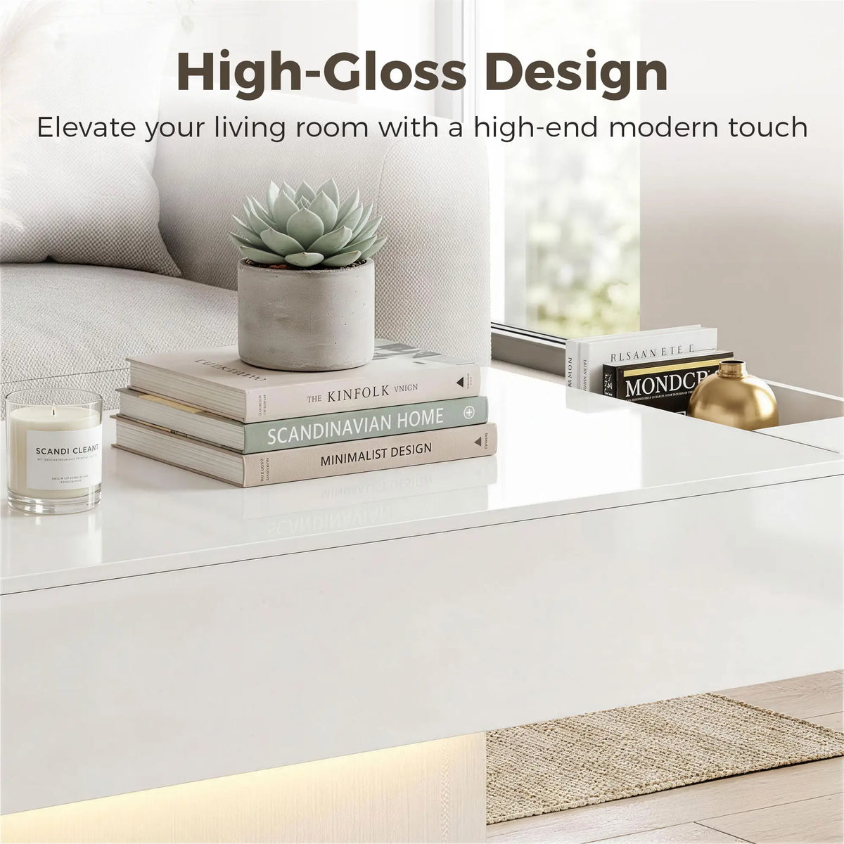 LED Coffee Table with Storage, High Gloss Modern Center Table with 2 Drawers and Remote Control for Living Room, White Coffee Tables at Gallery Canada