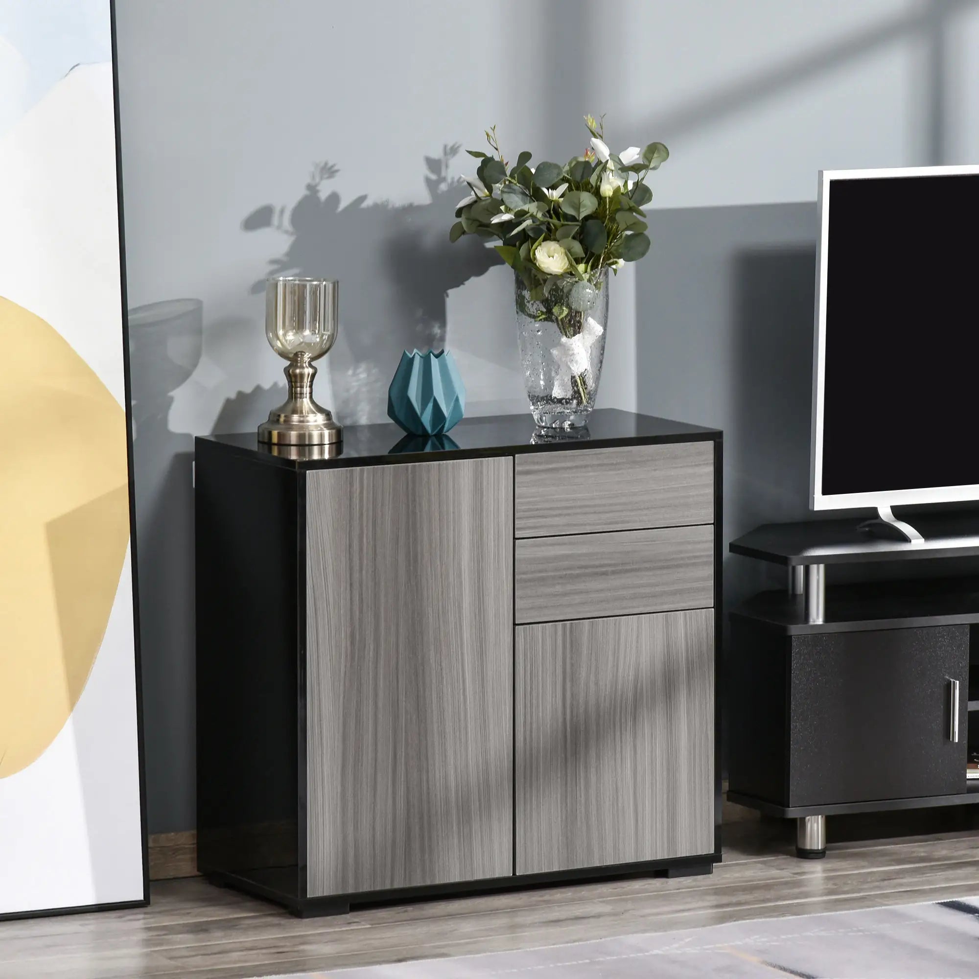 High Gloss Buffet Sideboard, 2 Drawers, 2 Doors, Adjustable Shelf, Kitchen Cabinet, Grey Black Bar Cabinets at Gallery Canada