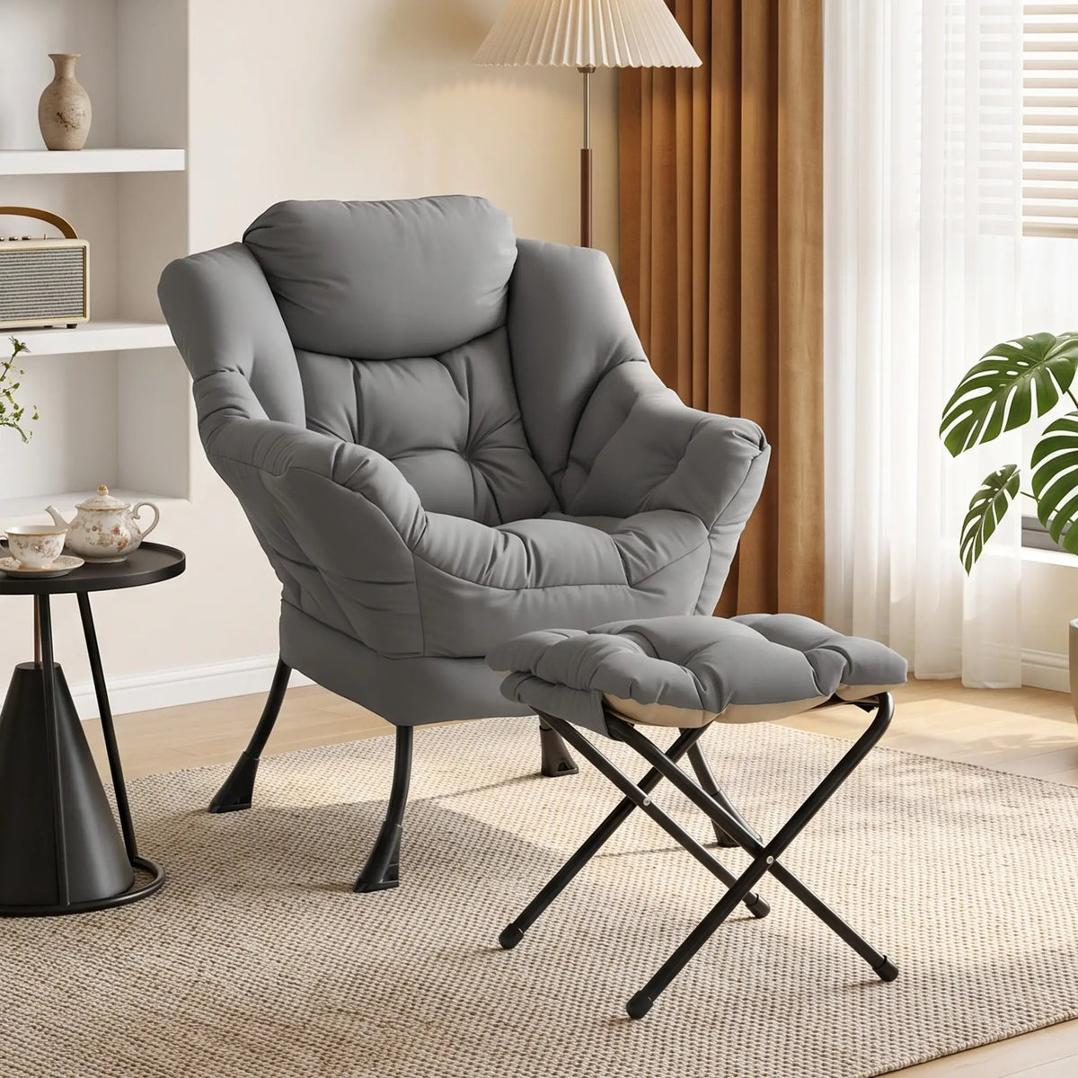 Lazy Chair With Ottoman, Peach Skin Fabric, Dark Grey Accent Chairs at Gallery Canada