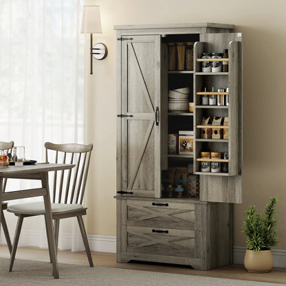 Farmhouse Kitchen Pantry Cabinet, 64" Freestanding with Drawers, Distressed Grey, Grey Kitchen Pantry Cabinets at Gallery Canada