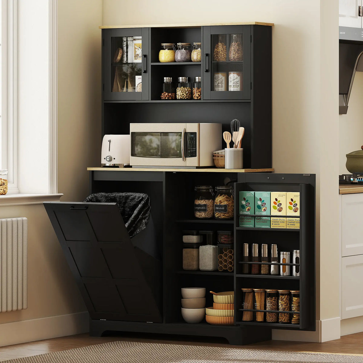 Kitchen Pantry Cabinet, 7 Gallon Trash Can, Adjustable Shelves, Acrylic Doors, Black Kitchen Pantry Cabinets at Gallery Canada