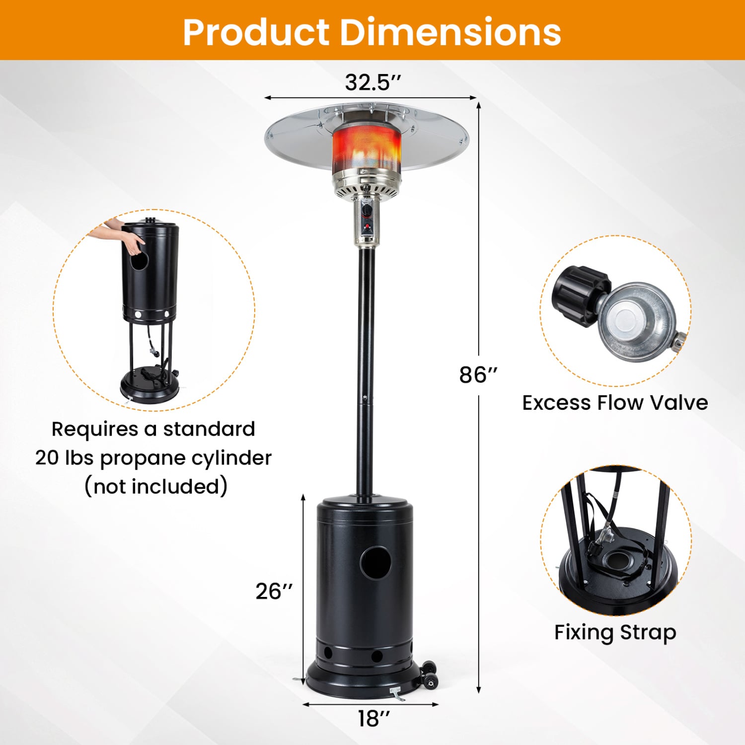 50,000 BTU Patio Propane Gas Heater, Stainless Steel Burner, Black Patio Heaters at Gallery Canada