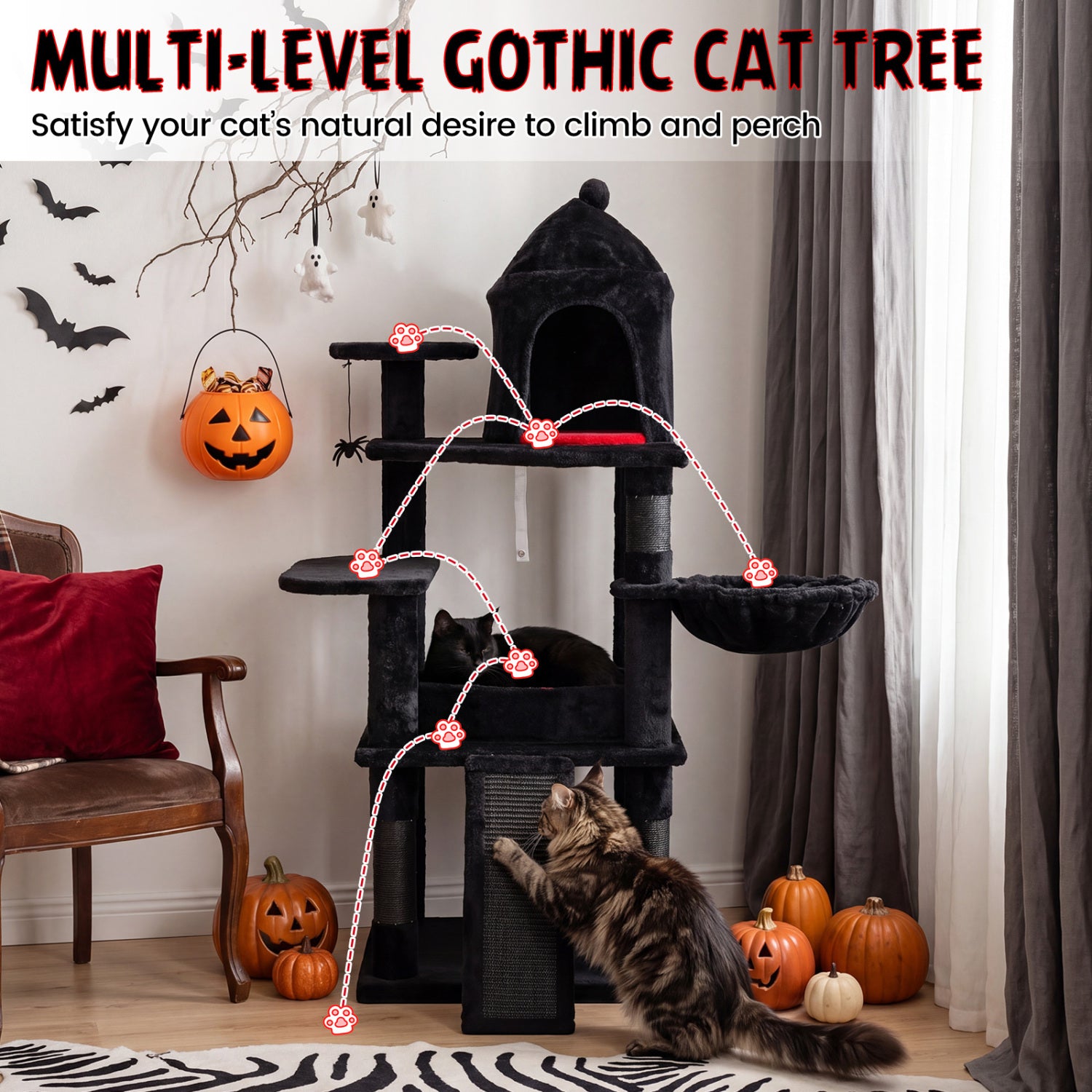 50 Inch Gothic Multi-Level Cat Tree With House Cat Trees Condos & Scratchers at Gallery Canada