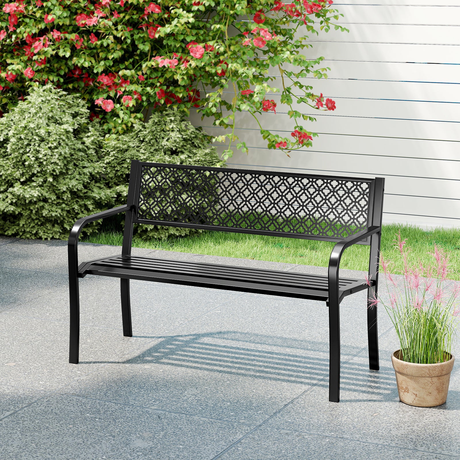 50 Inches Outdoor Garden Bench, Geometric Lattice Backrest, Slatted Seat, Black Outdoor Benches at Gallery Canada