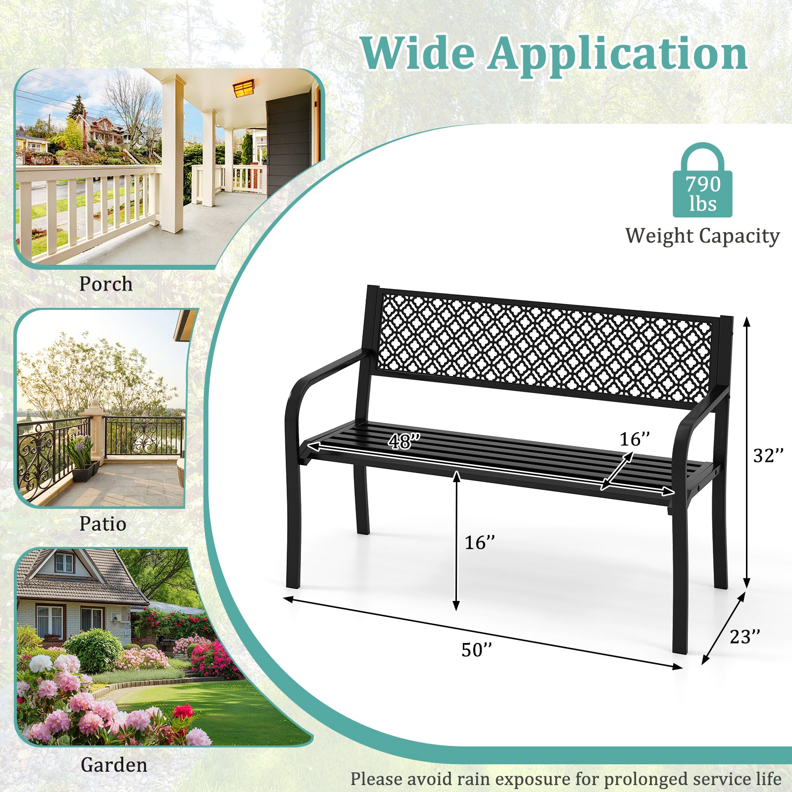 50 Inches Outdoor Garden Bench, Geometric Lattice Backrest, Slatted Seat, Black Outdoor Benches at Gallery Canada