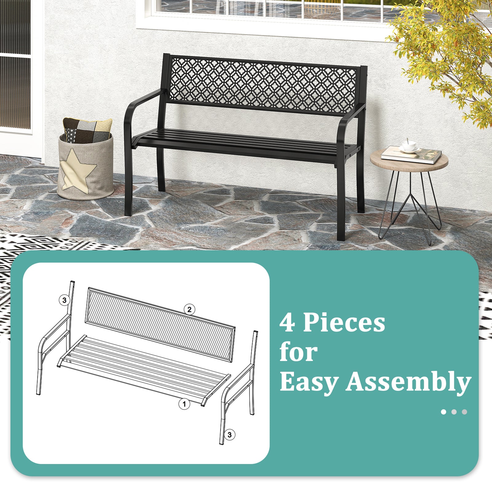 50 Inches Outdoor Garden Bench, Geometric Lattice Backrest, Slatted Seat, Black Outdoor Benches at Gallery Canada