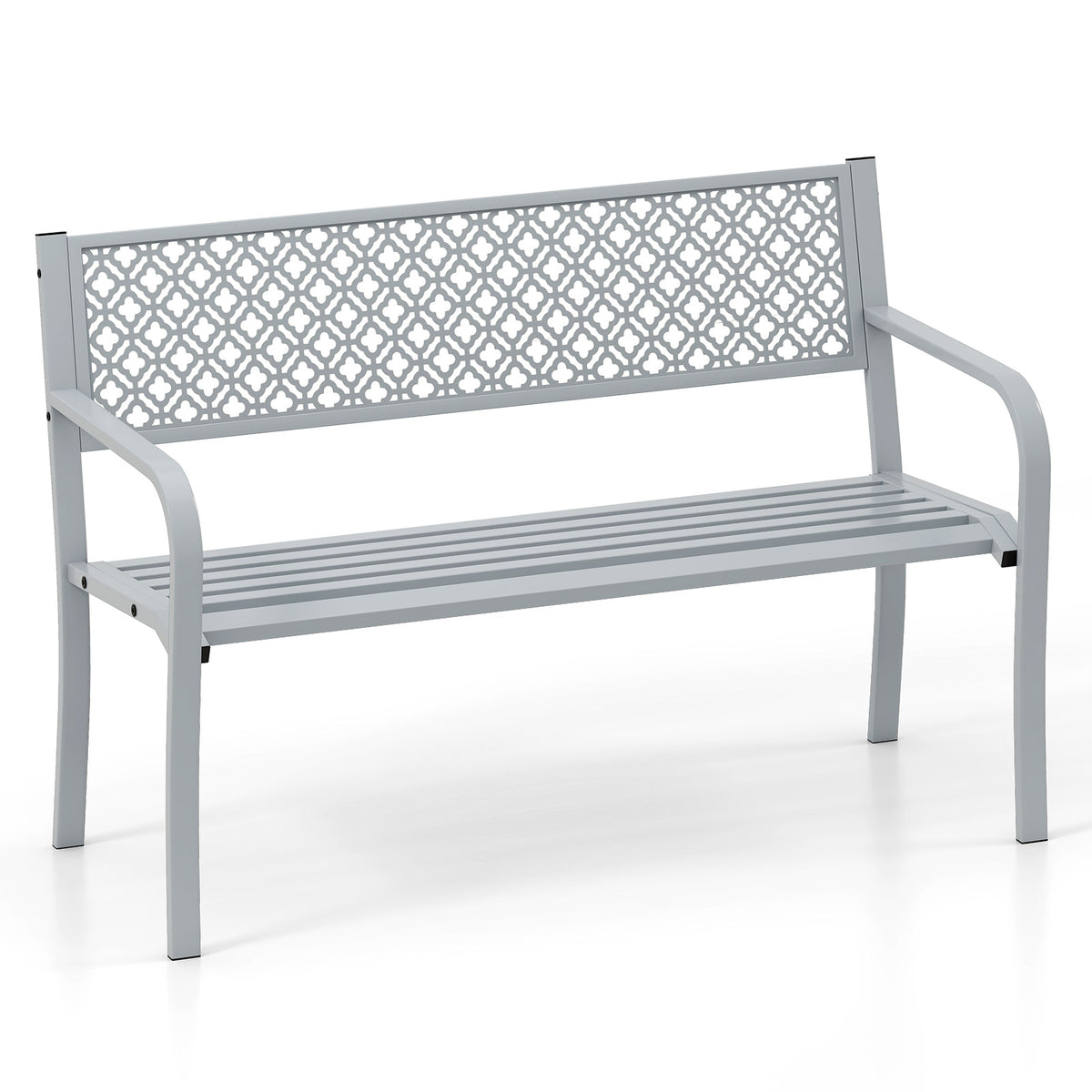 50 Inches Outdoor Garden Bench, Geometric Lattice Backrest, Slatted Seat, Gray Outdoor Benches Gray at Gallery Canada