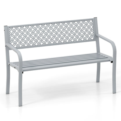 50 Inches Outdoor Garden Bench, Geometric Lattice Backrest, Slatted Seat, Gray Outdoor Benches Gray at Gallery Canada