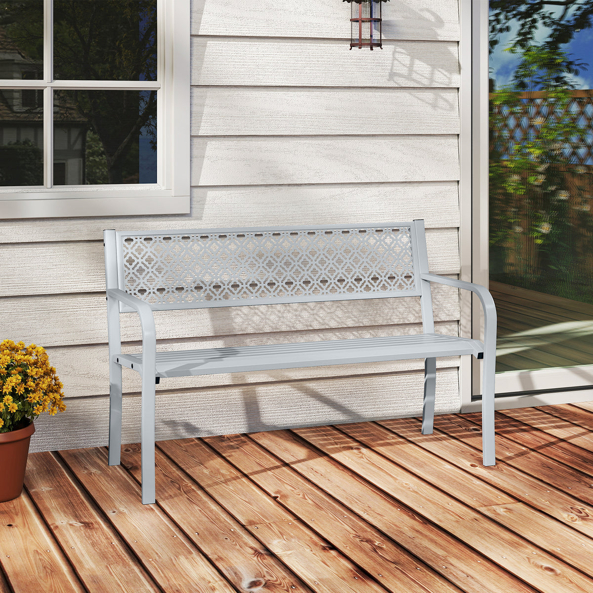 50 Inches Outdoor Garden Bench, Geometric Lattice Backrest, Slatted Seat, Gray Outdoor Benches at Gallery Canada