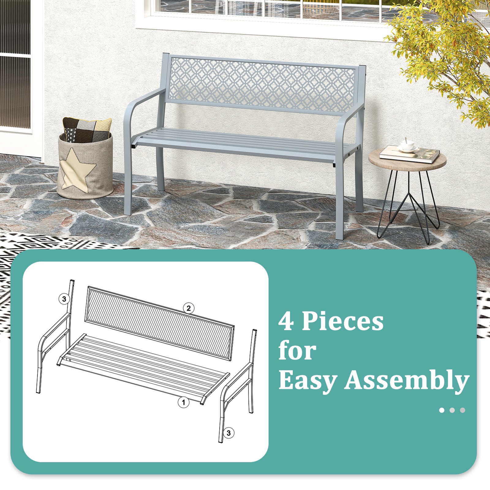 50 Inches Outdoor Garden Bench, Geometric Lattice Backrest, Slatted Seat, Gray Outdoor Benches at Gallery Canada