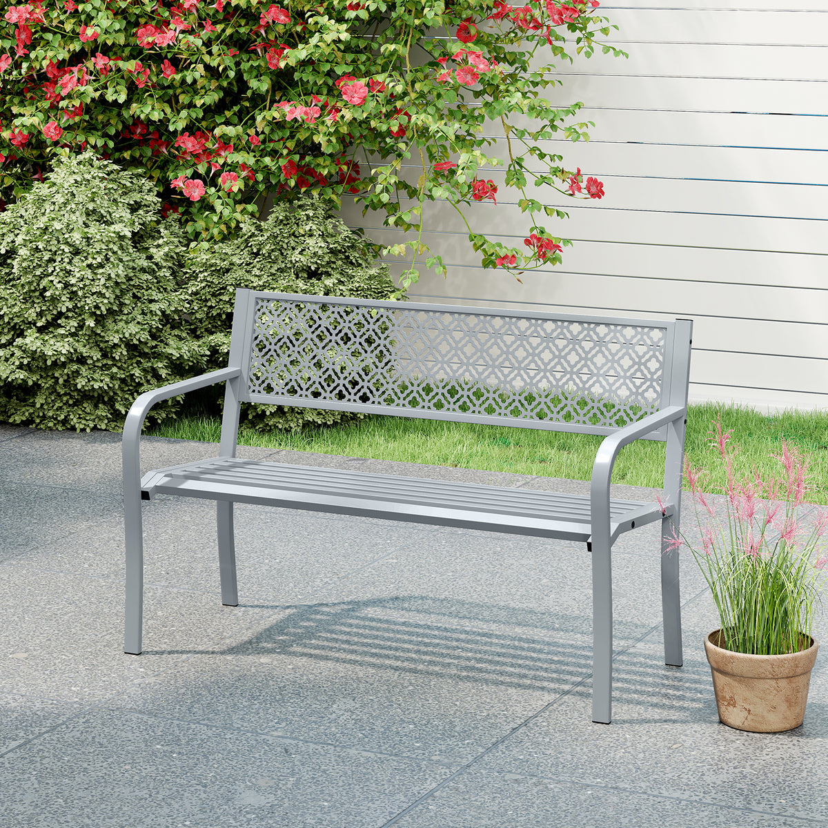 50 Inches Outdoor Garden Bench, Geometric Lattice Backrest, Slatted Seat, Gray Outdoor Benches at Gallery Canada