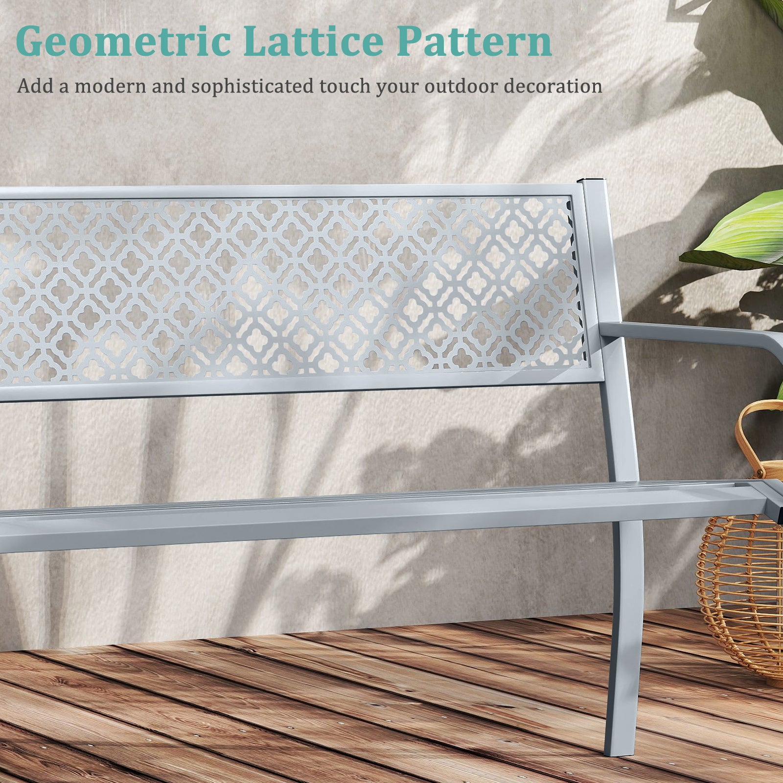 50 Inches Outdoor Garden Bench, Geometric Lattice Backrest, Slatted Seat, Gray Outdoor Benches at Gallery Canada
