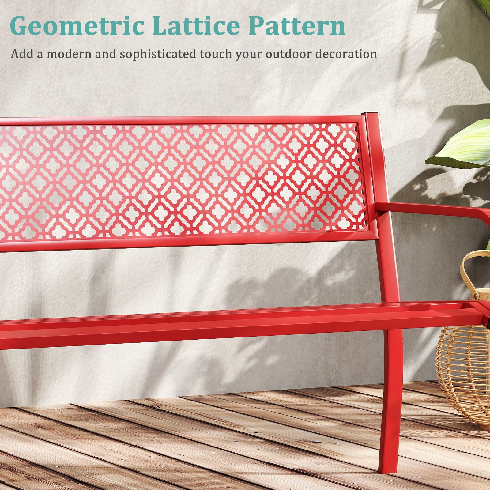 50 Inch Outdoor Garden Bench, Geometric Lattice Backrest, Slatted Seat, Red Outdoor Benches at Gallery Canada