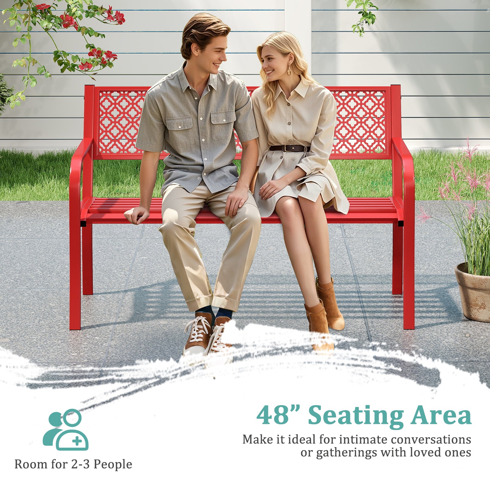 50 Inch Outdoor Garden Bench, Geometric Lattice Backrest, Slatted Seat, Red Outdoor Benches at Gallery Canada