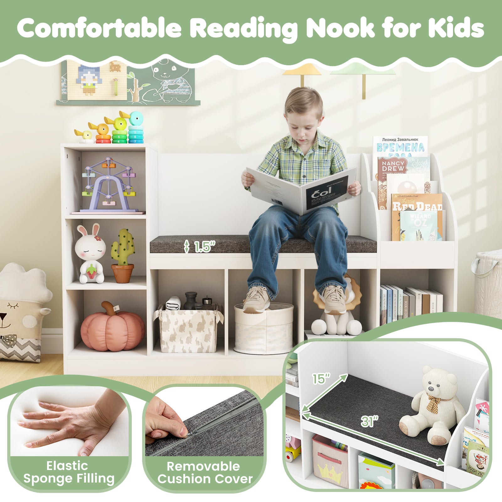 Kids Bookcase With Reading Nook, 3-In-1 Toy Organizer, White Kids Storage at Gallery Canada