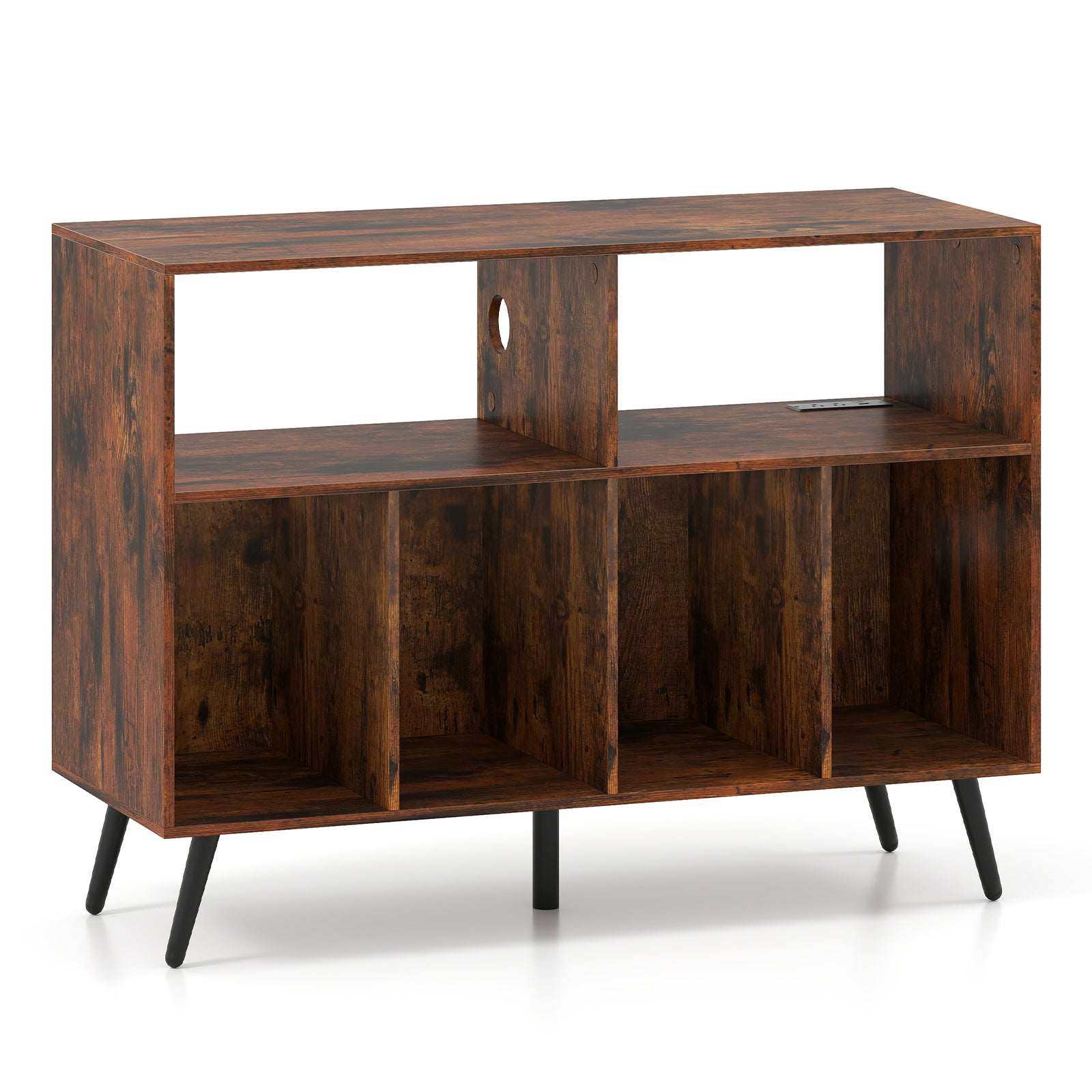 Record Player Stand With Charging Station, Open Shelves, Rustic Brown End & Side Tables at Gallery Canada