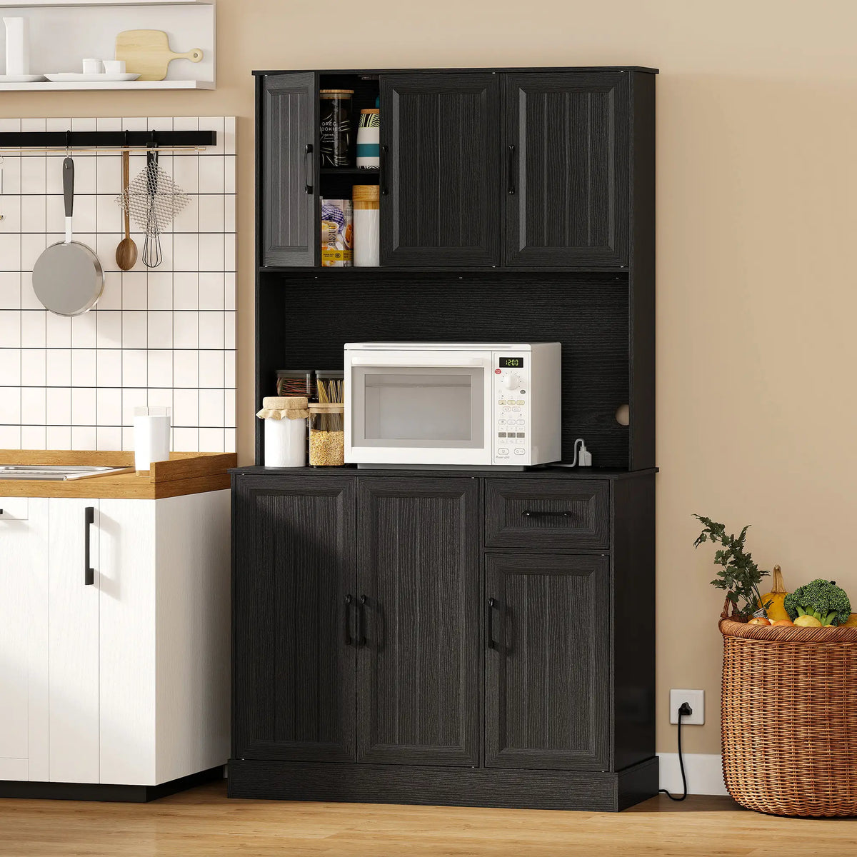 71 Inch Pantry Cabinet with Charging Station, Microwave Stand, Adjustable Shelves, Black Kitchen Pantry Cabinets at Gallery Canada