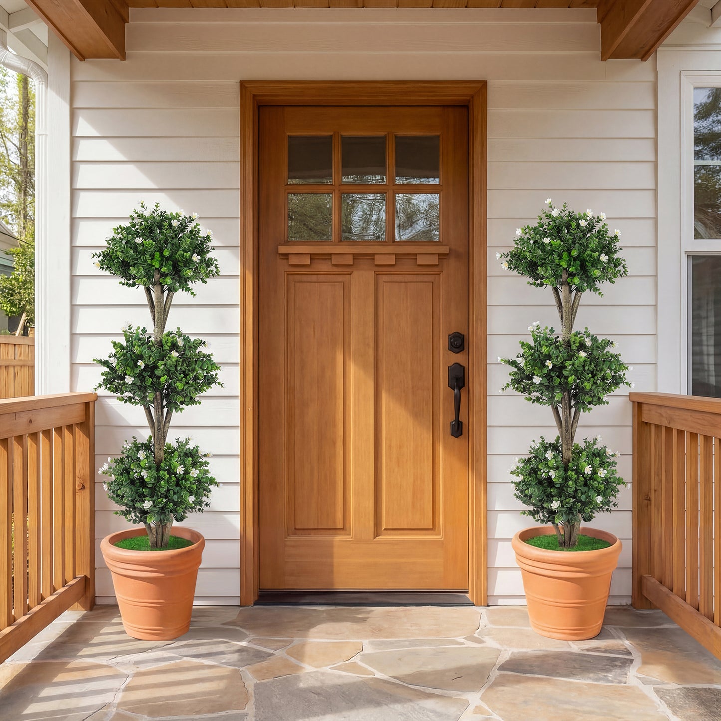 51" Artificial Triple Ball Boxwood Topiary Tree, 59 Blossoms, Set of 2, White Faux Plants at Gallery Canada