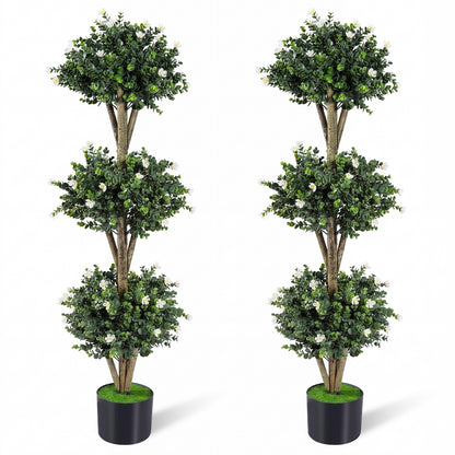 51" Artificial Triple Ball Boxwood Topiary Tree, 59 Blossoms, Set of 2, White Faux Plants White at Gallery Canada