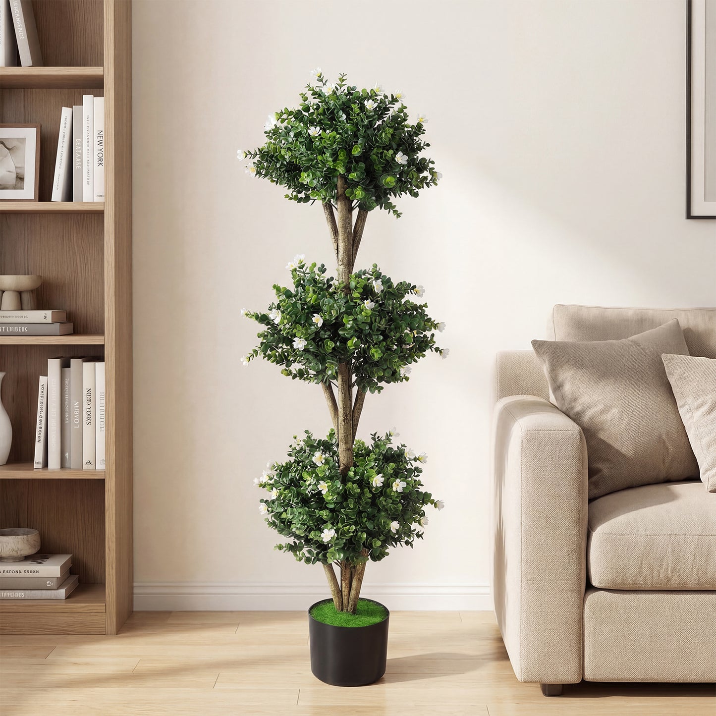 51" Artificial Triple Ball Boxwood Topiary Tree, 59 Blossoms, Set of 2, White Faux Plants at Gallery Canada
