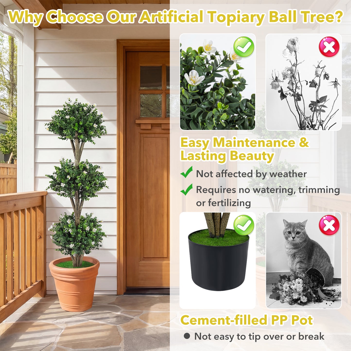 51" Artificial Triple Ball Boxwood Topiary Tree, 59 Blossoms, Set of 2, White Faux Plants at Gallery Canada