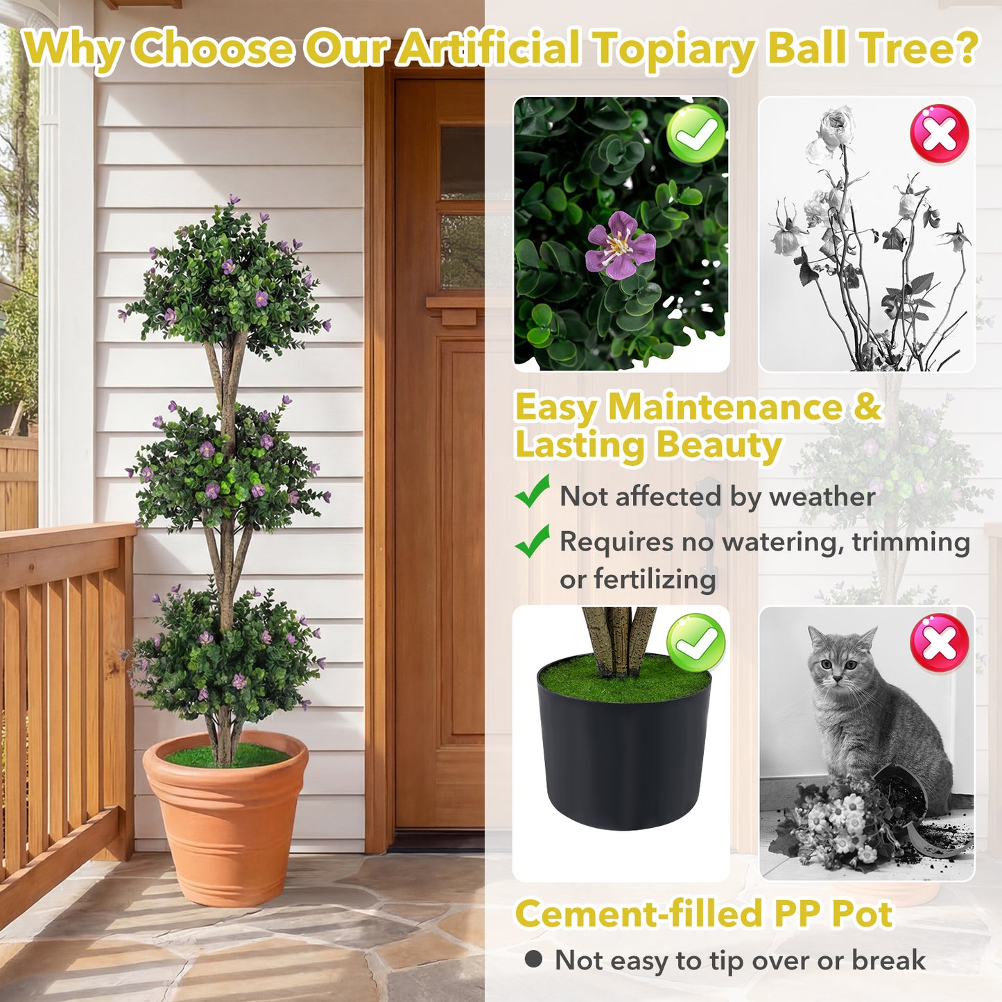 51" Artificial Triple Ball Boxwood Topiary Tree, 59 Blossoms, Purple Faux Plants at Gallery Canada