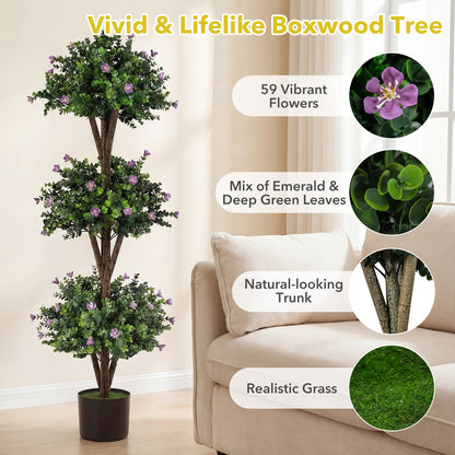 51" Artificial Triple Ball Boxwood Topiary Tree, 59 Blossoms, Purple Faux Plants at Gallery Canada