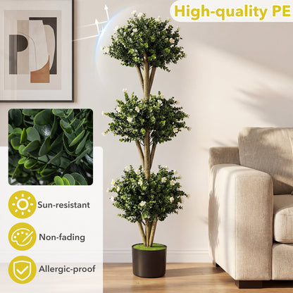51" Artificial Triple Ball Boxwood Topiary Tree, 59 Blossoms, White Faux Plants at Gallery Canada