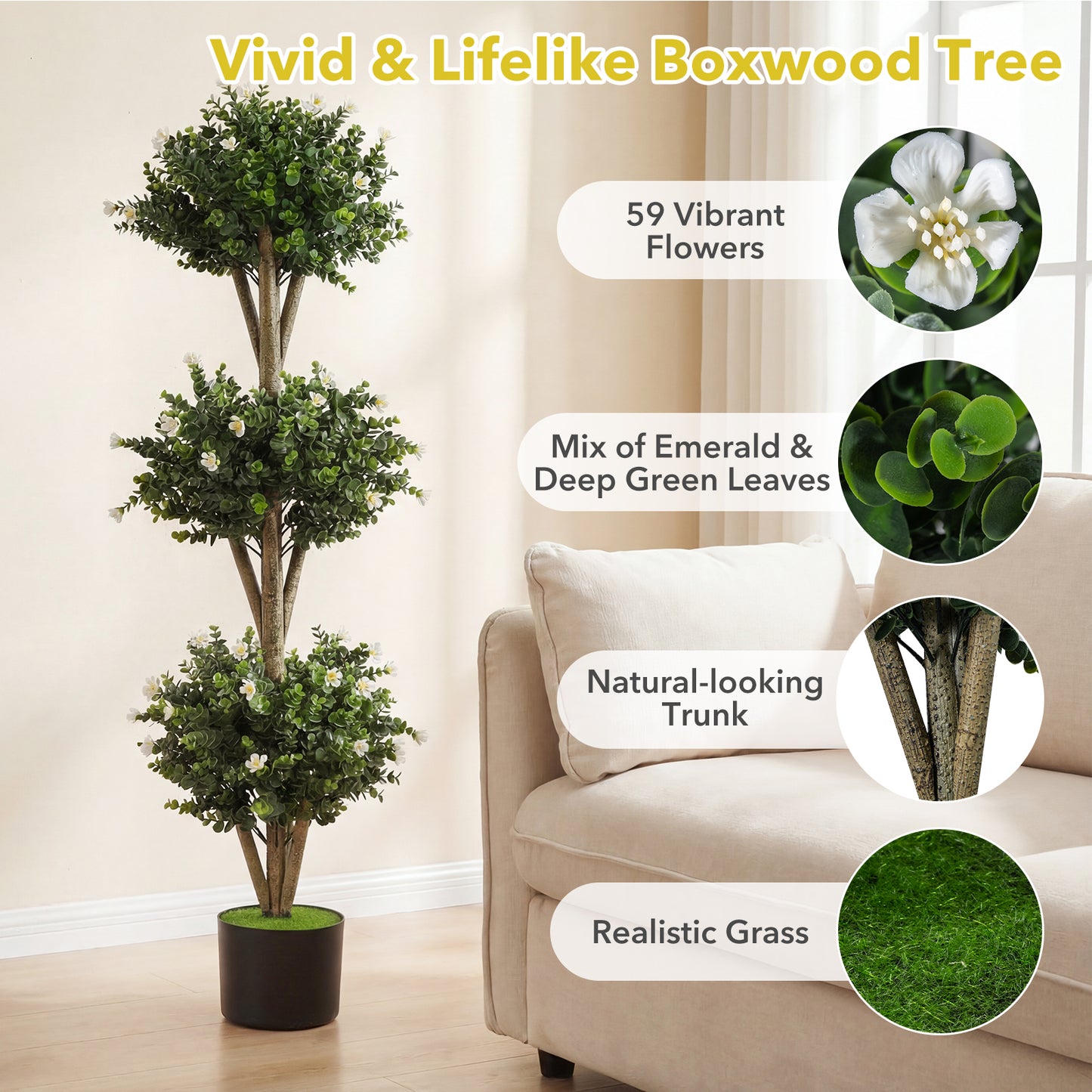 51" Artificial Triple Ball Boxwood Topiary Tree, 59 Blossoms, White Faux Plants at Gallery Canada