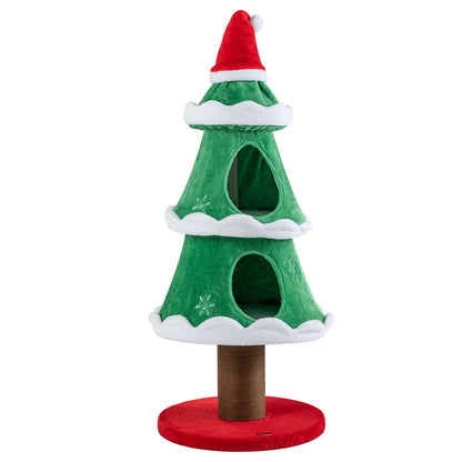 51" Christmas Cat Tree, 2 Cozy Condos, Scratching Post, Green