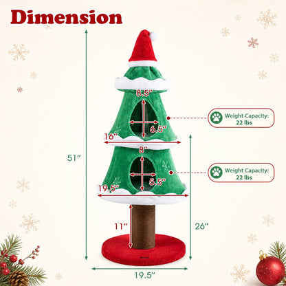 51" Christmas Cat Tree, 2 Cozy Condos, Scratching Post, Green