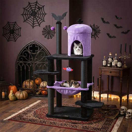 51” Gothic Multi-level Cat Tree with Spider Hanging Toy for Black Halloween, Purple Cat Trees Condos & Scratchers Purple at Gallery Canada