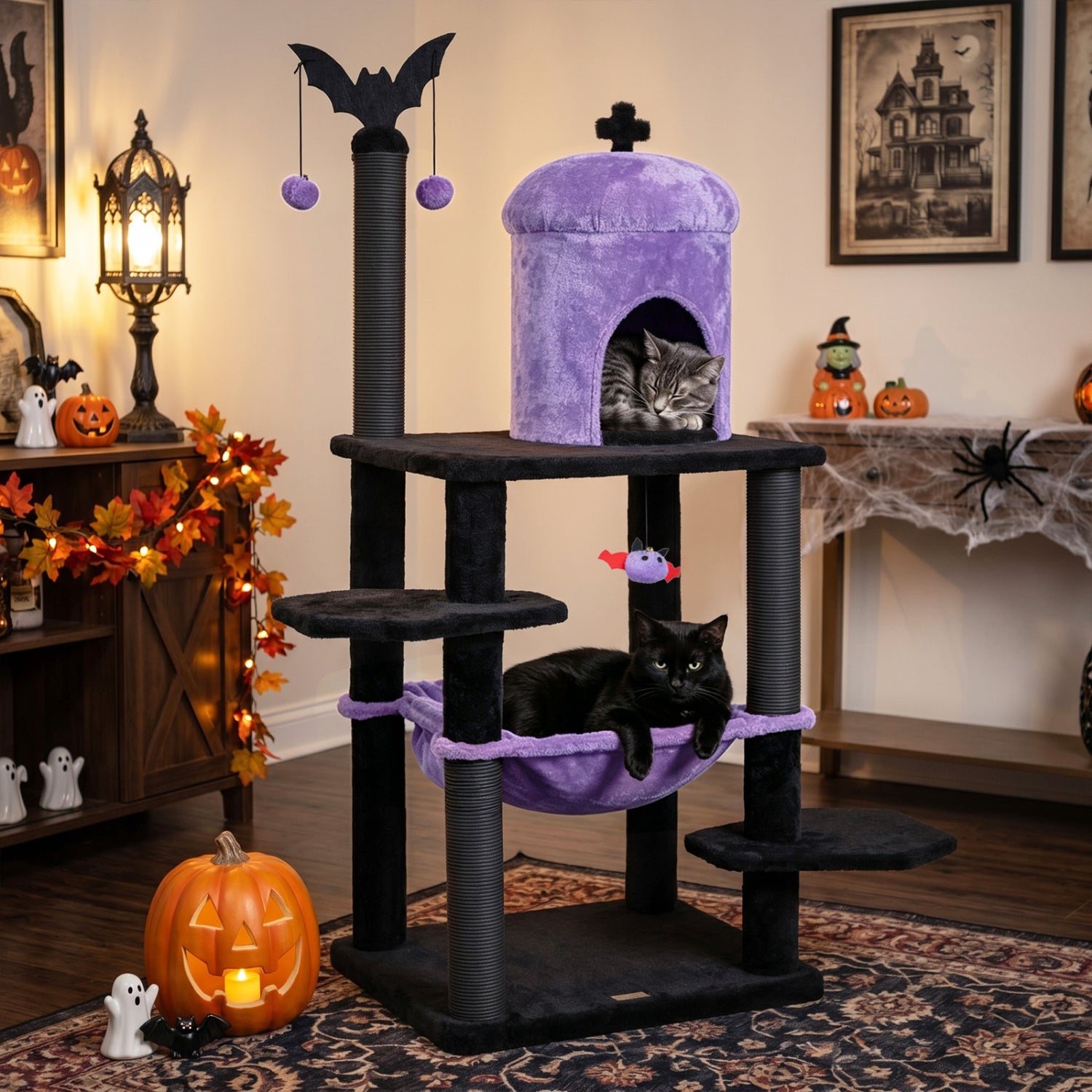 51” Gothic Multi-level Cat Tree with Spider Hanging Toy for Black Halloween, Purple Cat Trees Condos & Scratchers at Gallery Canada