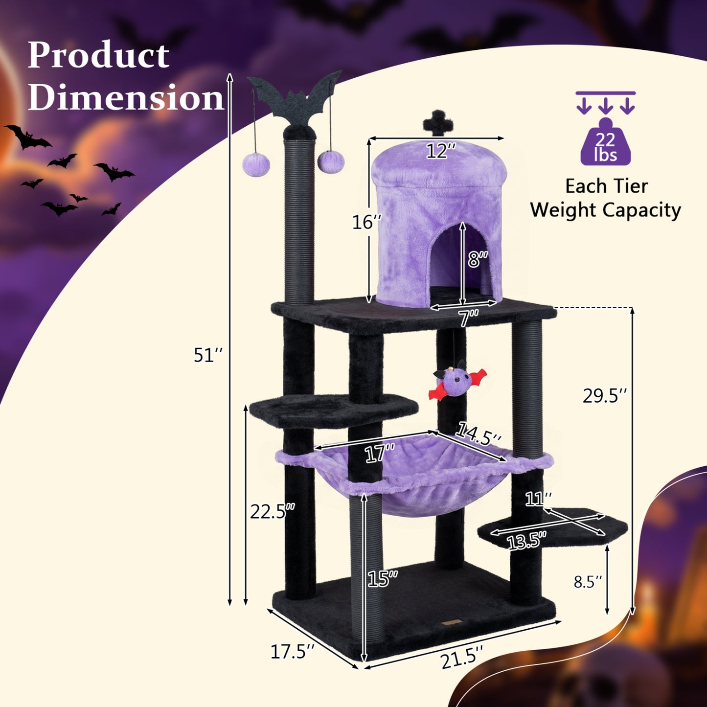 51” Gothic Multi-level Cat Tree with Spider Hanging Toy for Black Halloween, Purple Cat Trees Condos & Scratchers at Gallery Canada