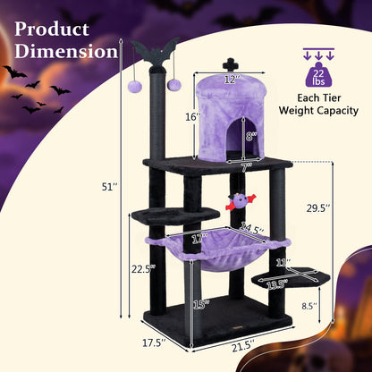 51” Gothic Multi-level Cat Tree with Spider Hanging Toy for Black Halloween, Purple Cat Trees Condos & Scratchers at Gallery Canada