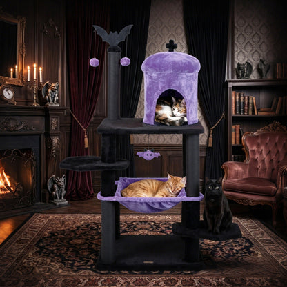 51” Gothic Multi-level Cat Tree with Spider Hanging Toy for Black Halloween, Purple Cat Trees Condos & Scratchers at Gallery Canada