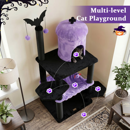 51” Gothic Multi-level Cat Tree with Spider Hanging Toy for Black Halloween, Purple Cat Trees Condos & Scratchers at Gallery Canada
