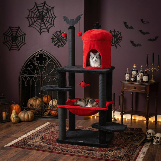 51” Gothic Multi-level Cat Tree with Spider Hanging Toy for Black Halloween, Red Cat Trees Condos & Scratchers Red at Gallery Canada