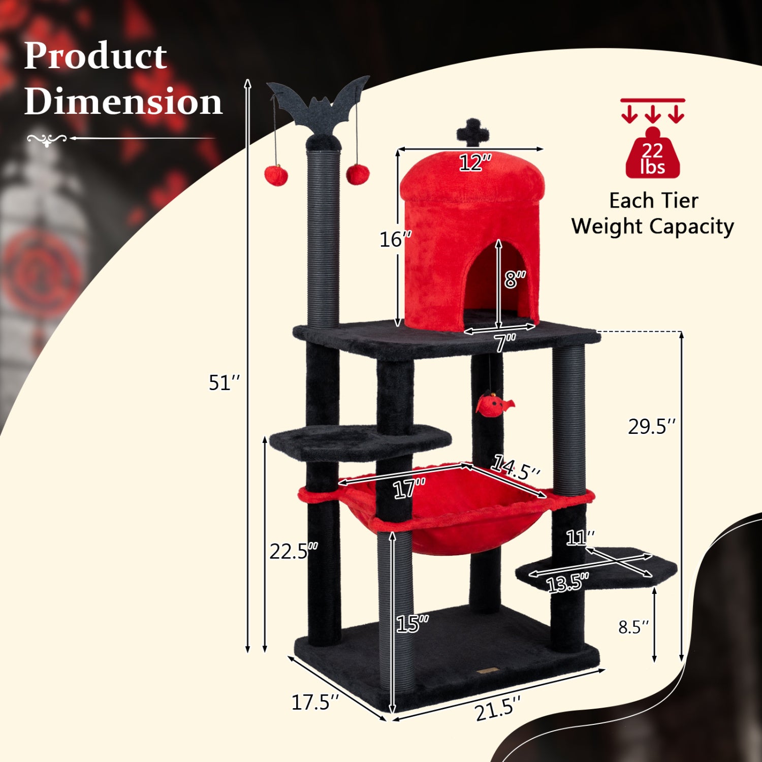 51” Gothic Multi-level Cat Tree with Spider Hanging Toy for Black Halloween, Red Cat Trees Condos & Scratchers at Gallery Canada