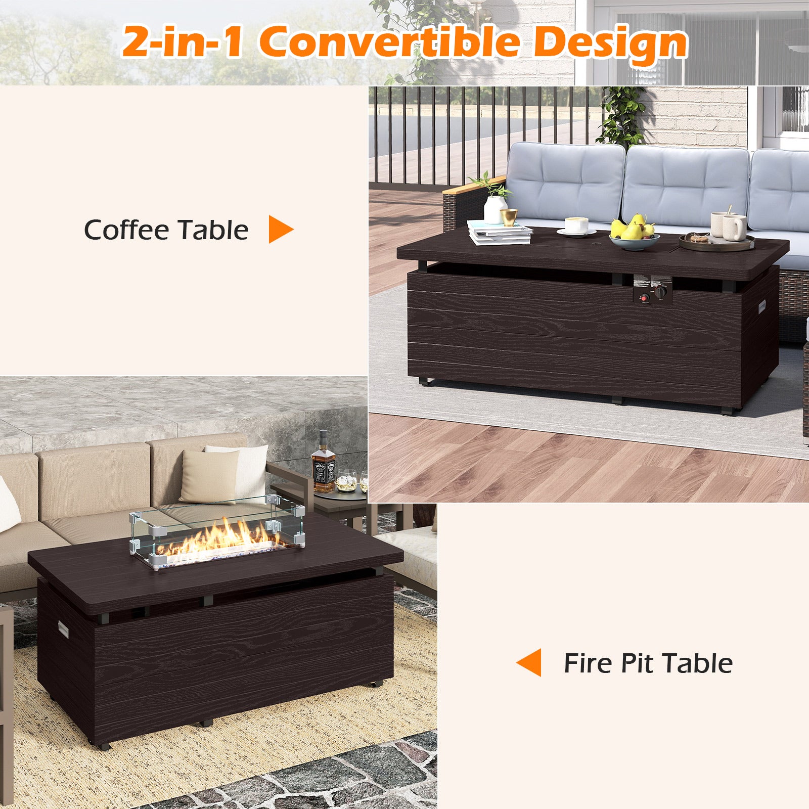 51 Inch Propane Fire Pit Table with Removable Lid, Brown Fire Pit Tables at Gallery Canada