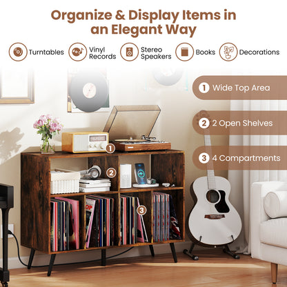 Record Player Stand With Charging Station, Open Shelves, Rustic Brown End & Side Tables at Gallery Canada
