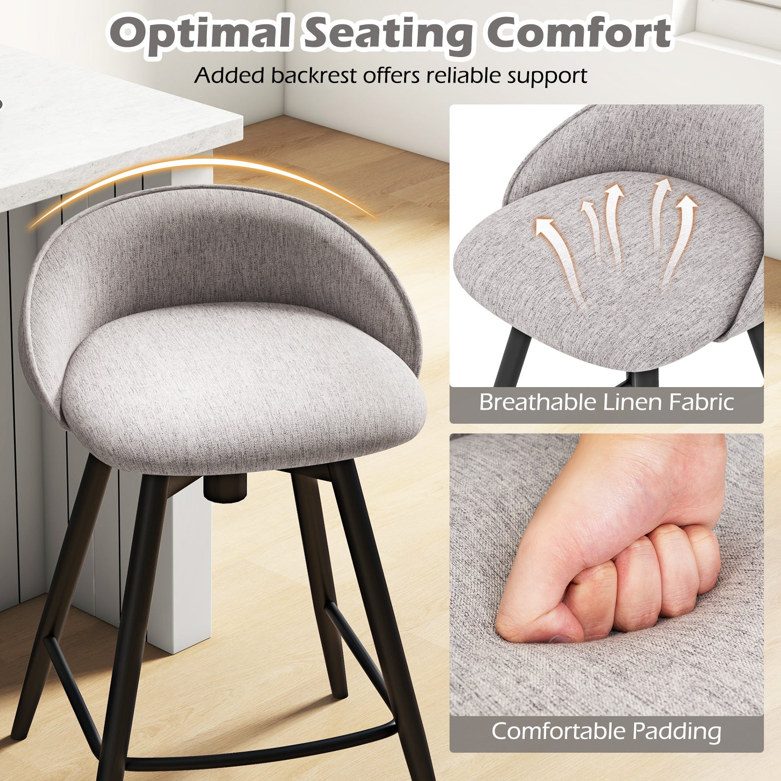 Upholstered Bar Stools Set of 2, With Footrest and Backrest, Gray Bar Stools at Gallery Canada