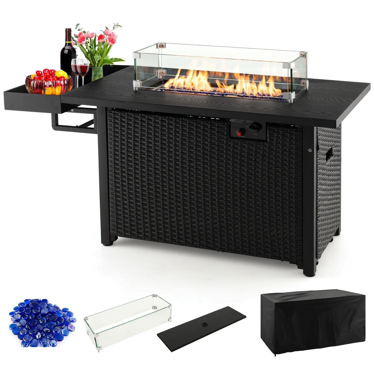 52 Inches Outdoor Wicker Gas Fire Pit Table, Black Fire Pit Tables Black at Gallery Canada