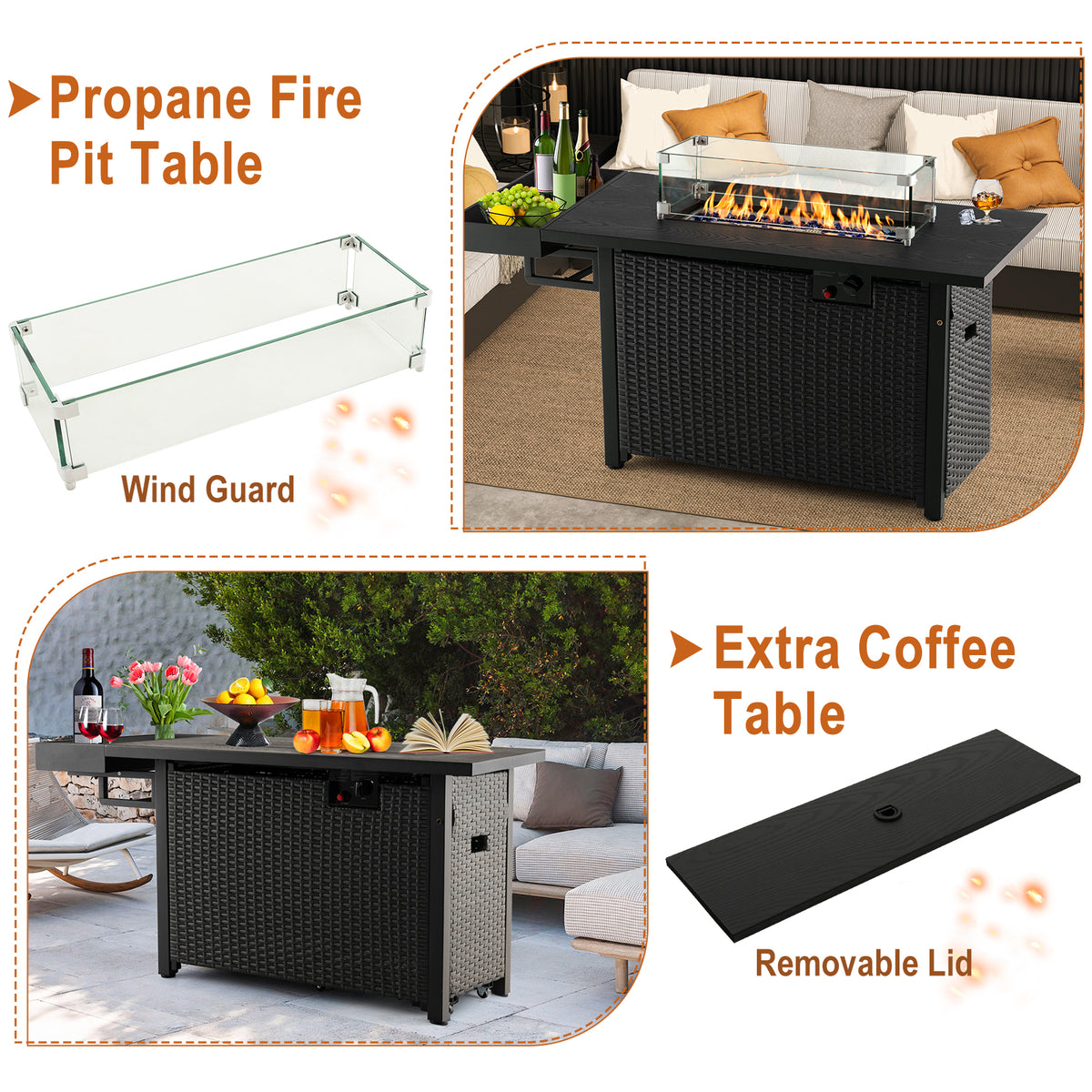 52 Inches Outdoor Wicker Gas Fire Pit Table, Black Fire Pit Tables at Gallery Canada