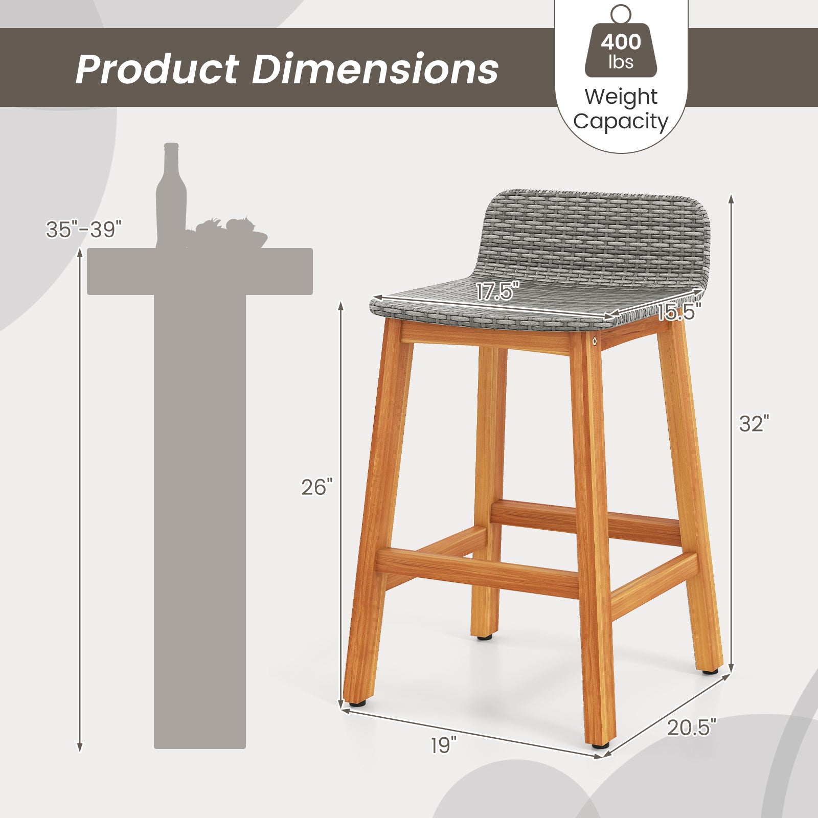 Solid Acacia Wood Bar Stools, Set of 2, Gray Patio Bar Furniture at Gallery Canada