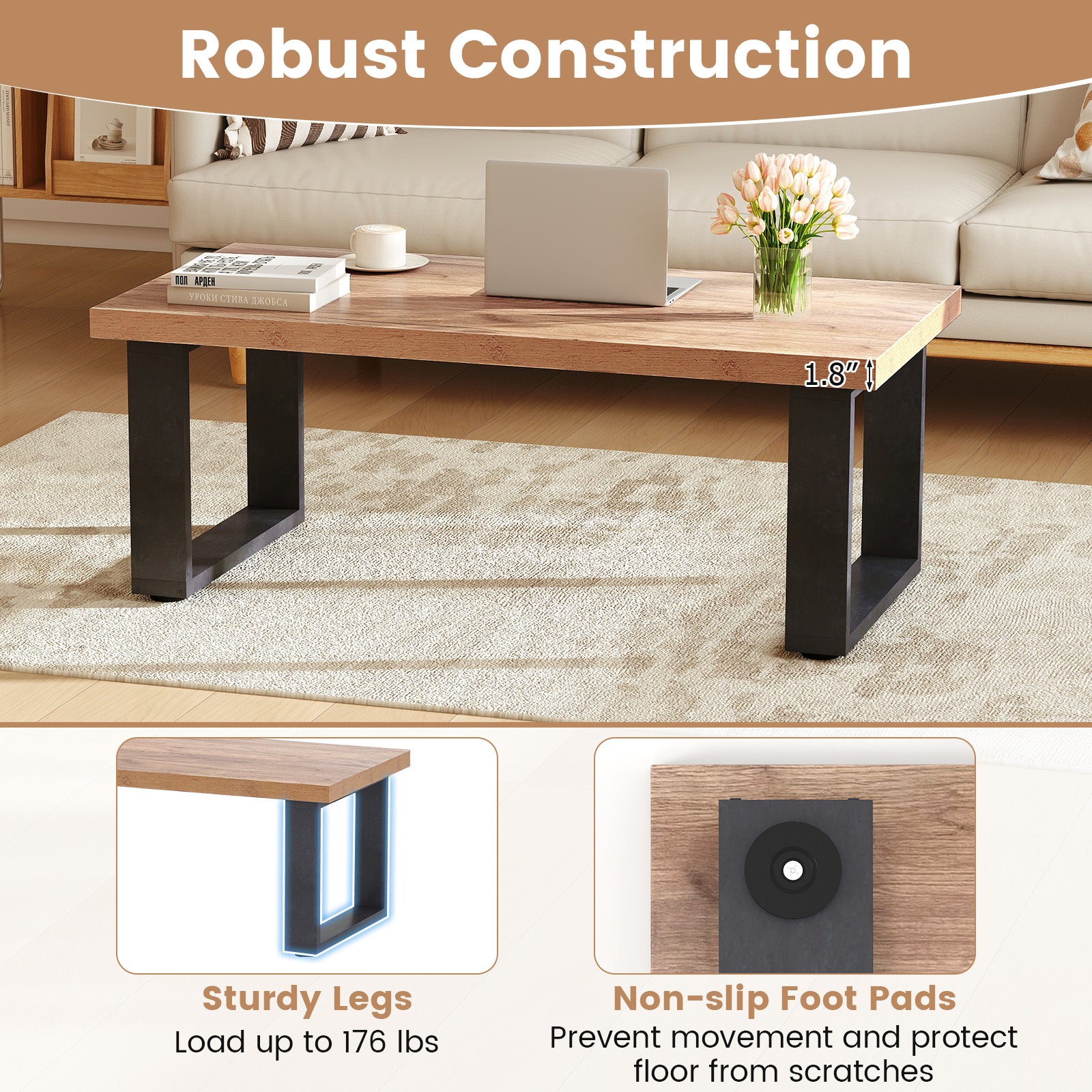 47 Inch Farmhouse Coffee Table, Thickened Tabletop, Natural Wood Texture, Oak Coffee Tables at Gallery Canada