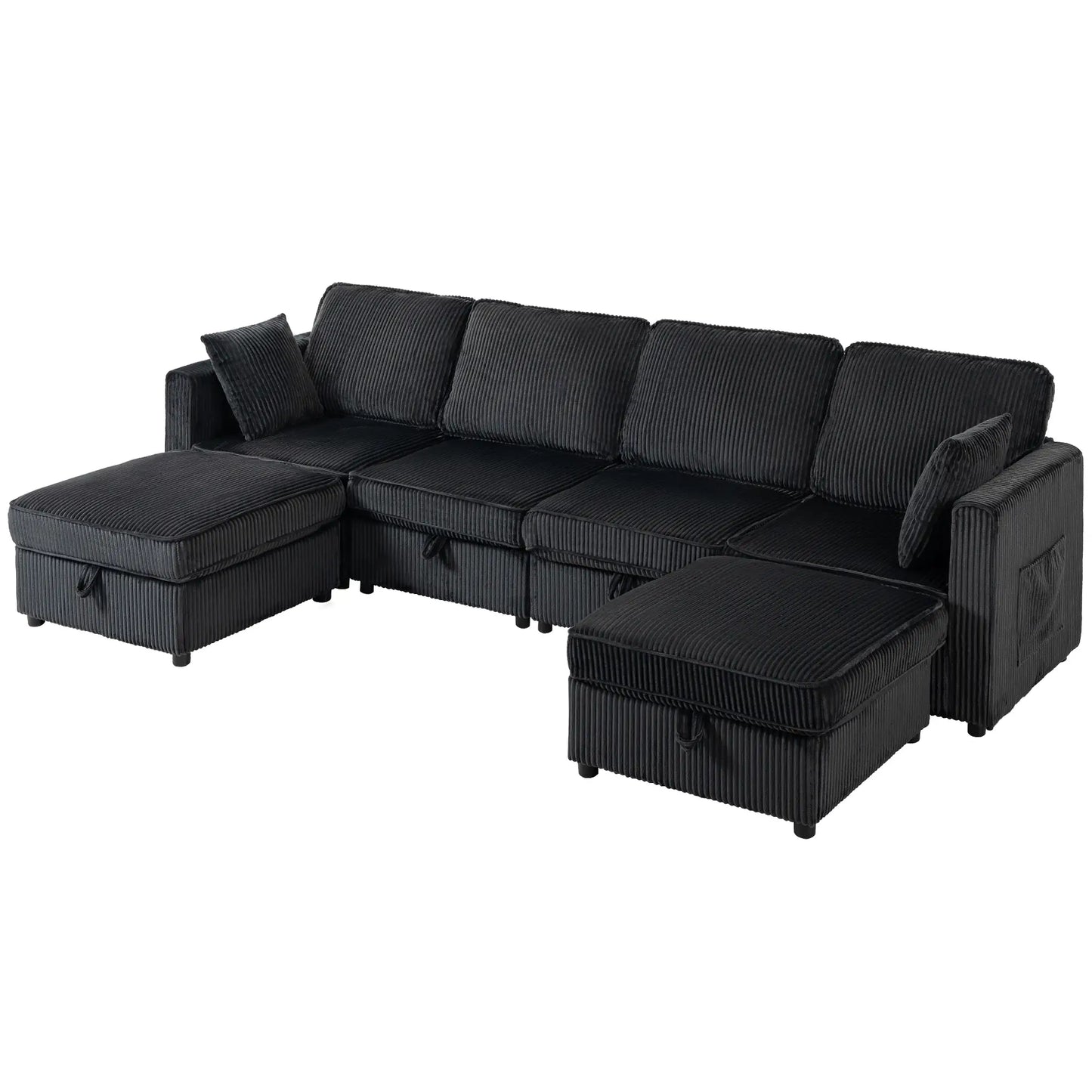 Canapé modulaire en velours côtelé en forme de U, pouf de rangement double, 4 coussins, gris foncé