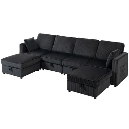 Canapé modulaire en velours côtelé en forme de U, pouf de rangement double, 4 coussins, gris foncé